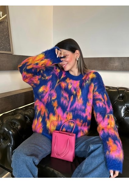 Bisiklet Yaka Karma Desen Kazak Saks Mavi ABGYM0807