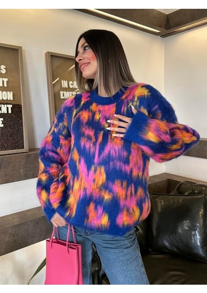 Bisiklet Yaka Karma Desen Kazak Saks Mavi ABGYM0807 modelleri