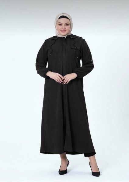 Desen Kadın Büyük Beden Kapüşonlu Mevsimlik Süet Ferace