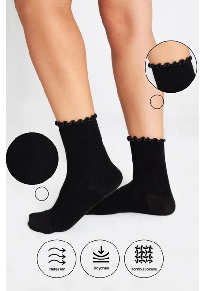 Bambu Kadın Siyah Fırfırlı Lastiksiz Dikişsiz Kadın Soket 3lü Siyah Çorap/iz Bırakmaz/sıkmayan Çorap fırsatları