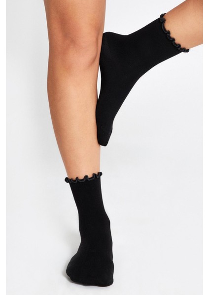 Bambu Kadın Siyah Fırfırlı Lastiksiz Dikişsiz Kadın Soket 3lü Siyah Çorap/iz Bırakmaz/sıkmayan Çorap