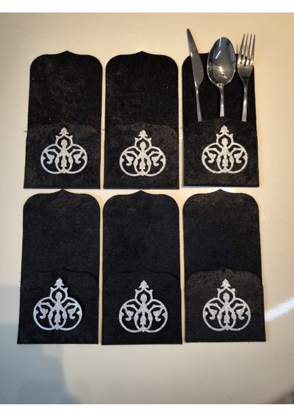 6 Adet Kaşıklık/siyah Kadife/ Cepli/üzeri Gümüş Deri Işlemeli