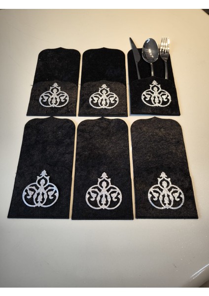 6 Adet Kaşıklık/siyah Kadife/ Cepli/üzeri Gümüş Deri Işlemeli modelleri