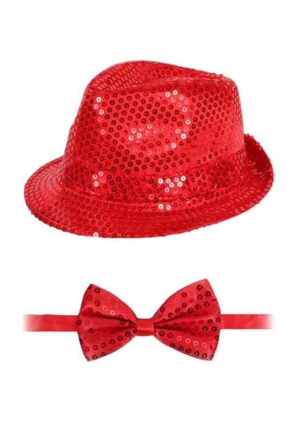 Kırmızı Payetli Şapka ve Papyon Seti – Parıltılı Yetişkin Kostüm Seti fiyatları