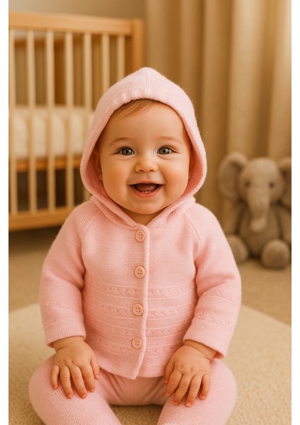 BabyZey Yenidoğan Kapüşonlu Çift Katlı Triko Kız - Erkek Bebek Hırka