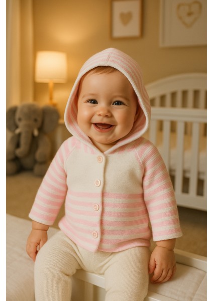 BabyZey Yenidoğan Kapüşonlu Çift Katlı Triko Kız - Erkek Bebek Hırka