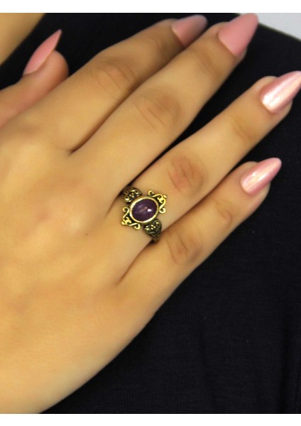 Doğal Taş Ametist Doğal Taşlı Antik Model Kadın Ayarlanabillir Yüzük EUY78AMT