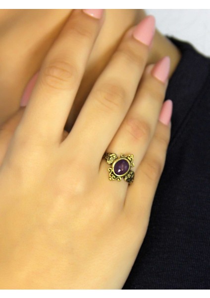 Doğal Taş Ametist Doğal Taşlı Antik Model Kadın Ayarlanabillir Yüzük EUY78AMT fiyatları
