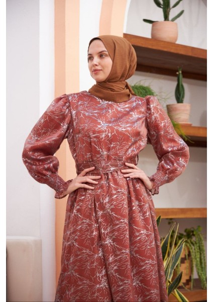 Ankanoor Balon Kol Simli Varaklı Şifon Elbise ANKA251518 modelleri