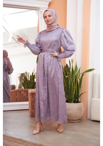 Ankanoor Balon Kol Simli Varaklı Şifon Elbise ANKA251518