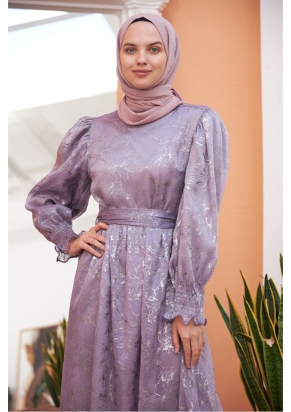 Ankanoor Balon Kol Simli Varaklı Şifon Elbise ANKA251518 modelleri