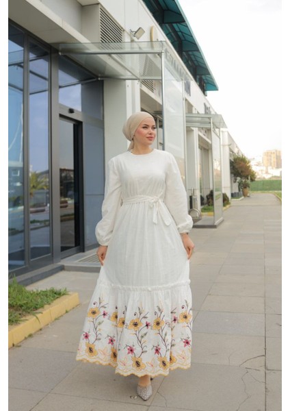 Ankanoor Etek Ucu Nakışlı Astarlı Keten Elbise ANKA251920