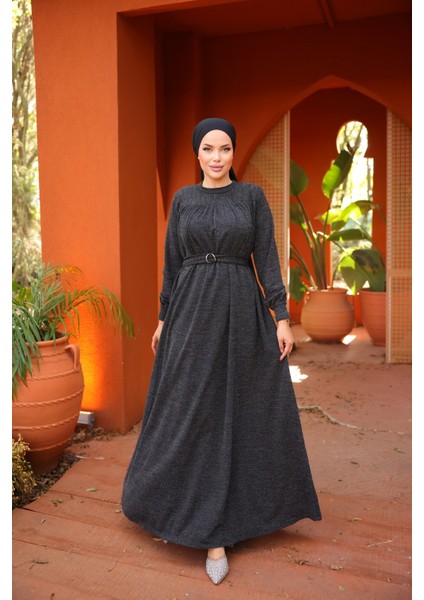 Ankanoor Siyah Robalı Tokalı Tesettür Elbise ANKA258027