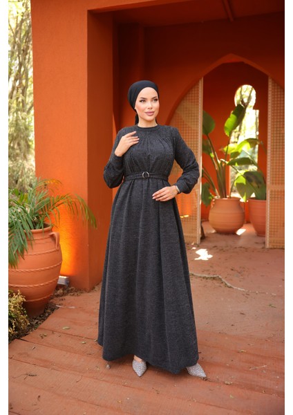 Ankanoor Siyah Robalı Tokalı Tesettür Elbise ANKA258027