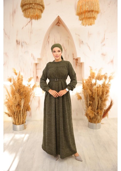Ankanoor Koyu Haki Robalı Tokalı Tesettür Elbise ANKA258027