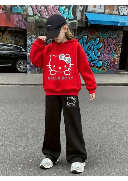 Punıx Kıds Özel Seri Hello Kitty Baskılı Kışlık Kapüşonlu Ispanyol Paça Kız Çocuk Eşofman Takımı