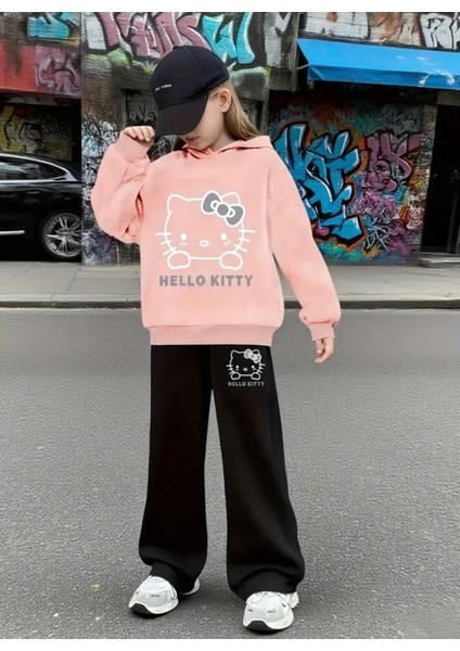Punıx Kıds Özel Seri Hello Kitty Baskılı Kışlık Kapüşonlu Ispanyol Paça Kız Çocuk Eşofman Takımı