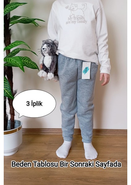 Çocuk Gri 3 Iplik Şardonlu Paçası Lastikli Kışlık Eşofman Altı