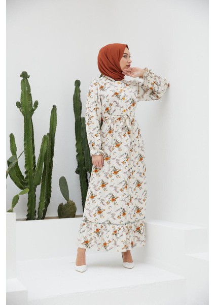 Ankanoor Yarım Pat Fırfırlı Çingene Desen Keten Elbise ANKA251401