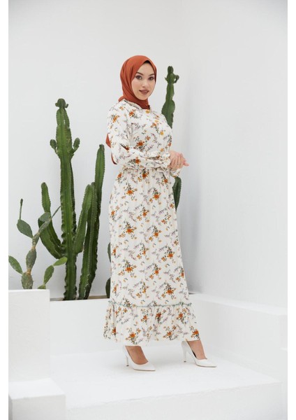 Ankanoor Yarım Pat Fırfırlı Çingene Desen Keten Elbise ANKA251401 fiyatları