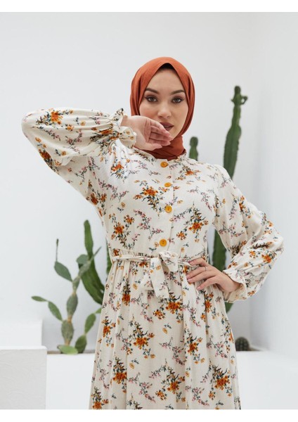 Ankanoor Yarım Pat Fırfırlı Çingene Desen Keten Elbise ANKA251401 fırsatları