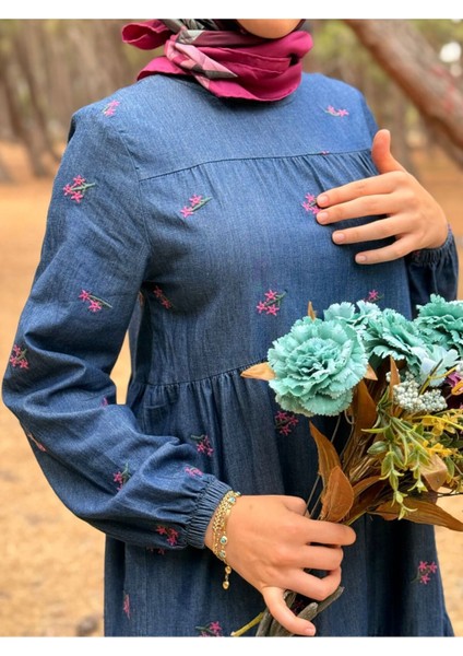 Ankanoor Çiçek Nakışlı Kot Elbise ANKA251896