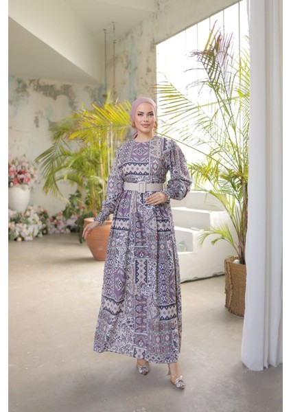 Balon Kol Baklava Desen Saten Elbise