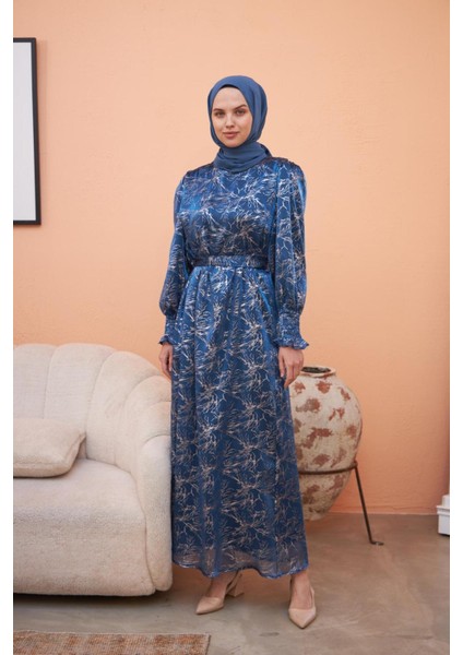 Ankanoor Balon Kol Simli Varaklı Şifon Elbise ANKA251518