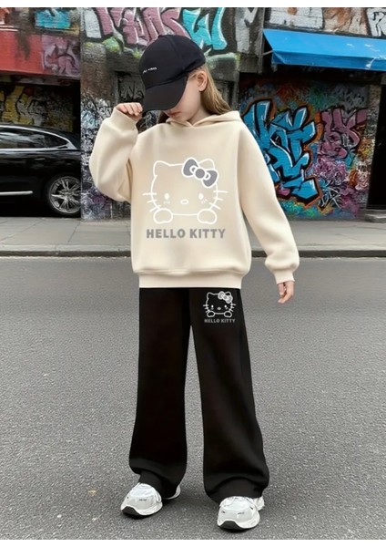 Punıx Kıds Özel Seri Hello Kitty Baskılı Kışlık Kapüşonlu Ispanyol Paça Kız Çocuk Eşofman Takımı