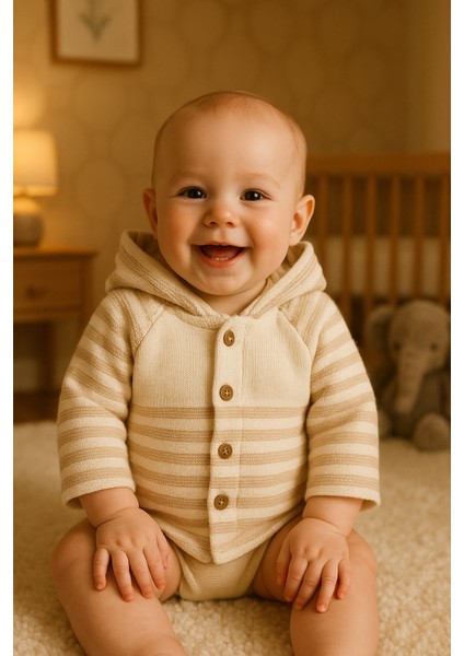 Yenidoğan Kapüşonlu Çift Katlı Triko Kız - Erkek Bebek Hırka