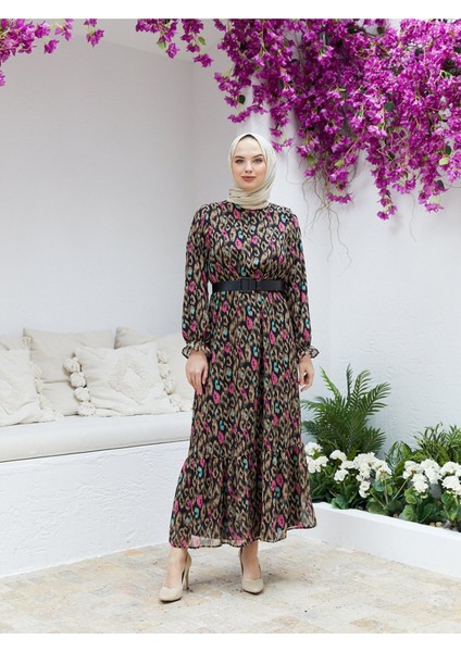 Eteği Büzgülü Rahat Kesim Şifon Elbise