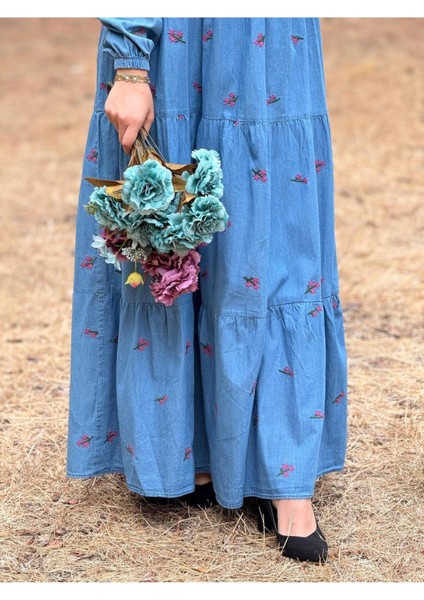 Ankanoor Çiçek Nakışlı Kot Elbise ANKA251896