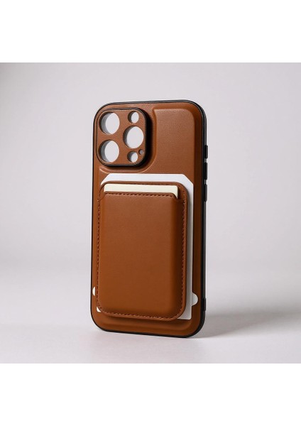 iPhone 16 Pro Max Uyumlu Premium Deri Magsafe Cüzdanlı Kartlıklı Kamera Çerçeve Standlı Kılıf Kahver