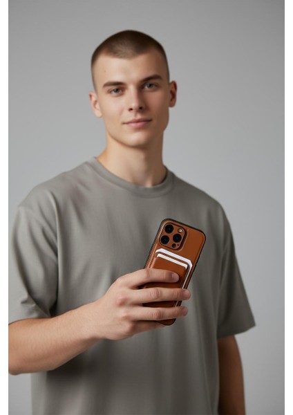 iPhone 16 Pro Max Uyumlu Premium Deri Magsafe Cüzdanlı Kartlıklı Kamera Çerçeve Standlı Kılıf Kahver modelleri