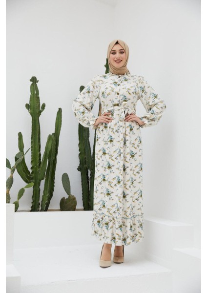 Ankanoor Yarım Pat Fırfırlı Çingene Desen Keten Elbise ANKA251401