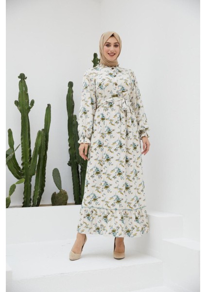 Ankanoor Yarım Pat Fırfırlı Çingene Desen Keten Elbise ANKA251401 fiyatları