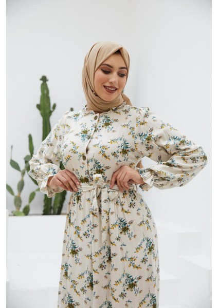 Ankanoor Yarım Pat Fırfırlı Çingene Desen Keten Elbise ANKA251401 fırsatları