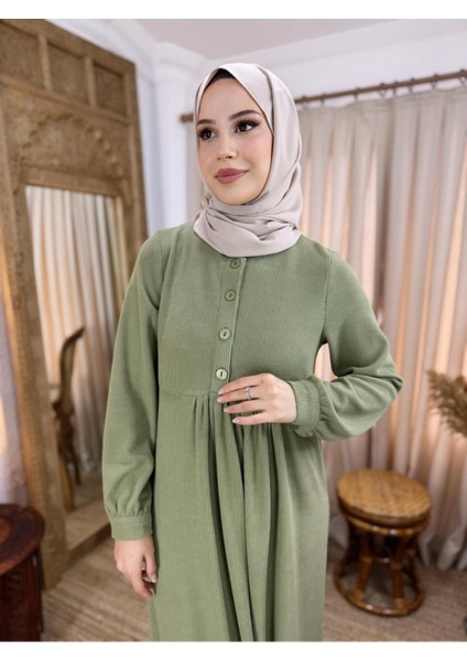 Ankanoor Yeşil Yarım Pat Düğmeli Örme Elbise ANKA258064 fiyatları