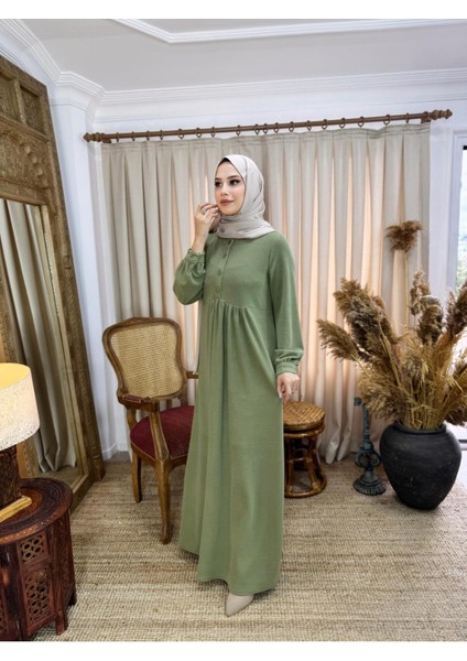 Ankanoor Yeşil Yarım Pat Düğmeli Örme Elbise ANKA258064 fırsatları