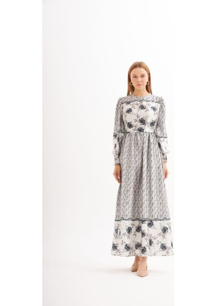 Eteği Sulu Çiçek Desen Saten Elbise