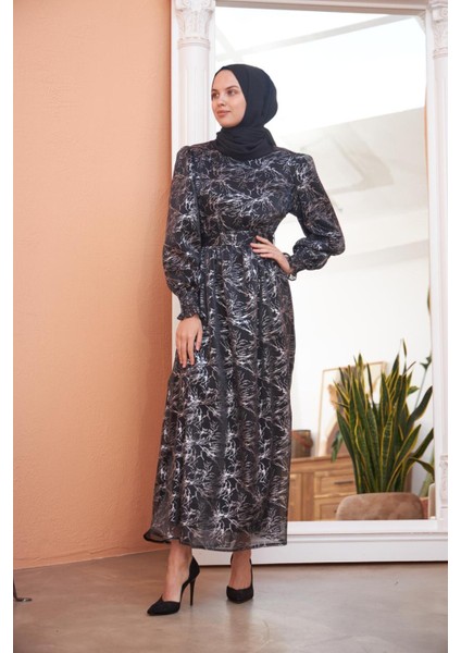 Ankanoor Balon Kol Simli Varaklı Şifon Elbise ANKA251518