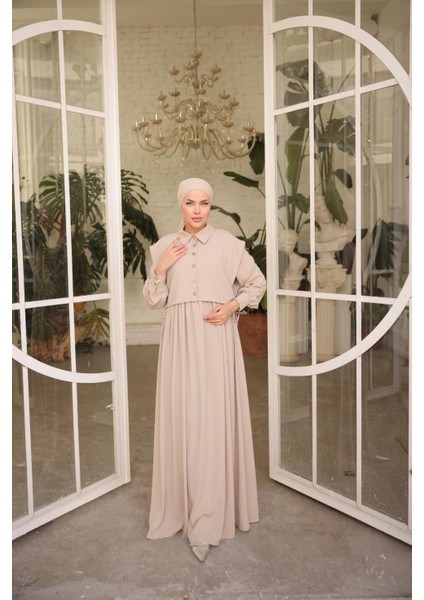 Ankanoor Açık Bej Önlüklü Medine Ipeği Elbise ANKA255065