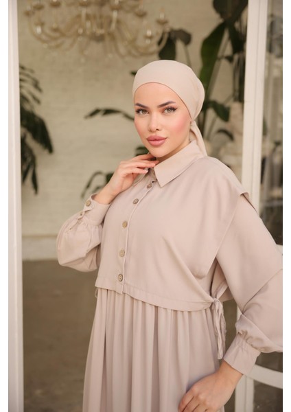 Ankanoor Açık Bej Önlüklü Medine Ipeği Elbise ANKA255065 modelleri