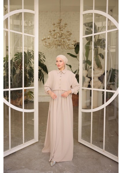 Ankanoor Açık Bej Önlüklü Medine Ipeği Elbise ANKA255065 fırsatları