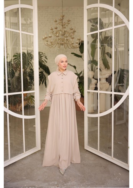 Ankanoor Açık Bej Önlüklü Medine Ipeği Elbise ANKA255065 indirimleri