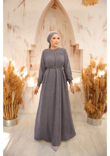 Ankanoor Gri Robalı Tokalı Tesettür Elbise ANKA258027 modelleri