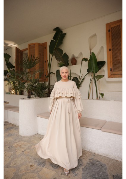 Ankanoor Bej Çift Fırfırlı Salaş Elbise ANKA255068 fiyatları