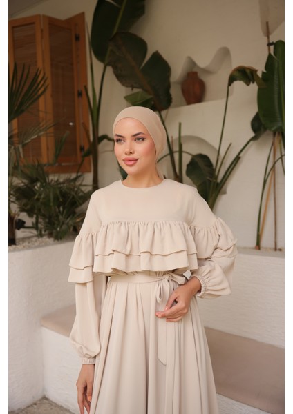 Ankanoor Bej Çift Fırfırlı Salaş Elbise ANKA255068 fırsatları
