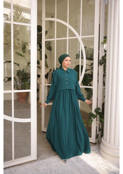 Ankanoor Zümrüt Yeşili Önlüklü Medine Ipeği Elbise ANKA255065