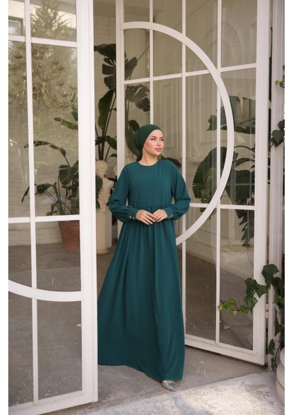 Ankanoor Zümrüt Yeşili Önlüklü Medine Ipeği Elbise ANKA255065 modelleri